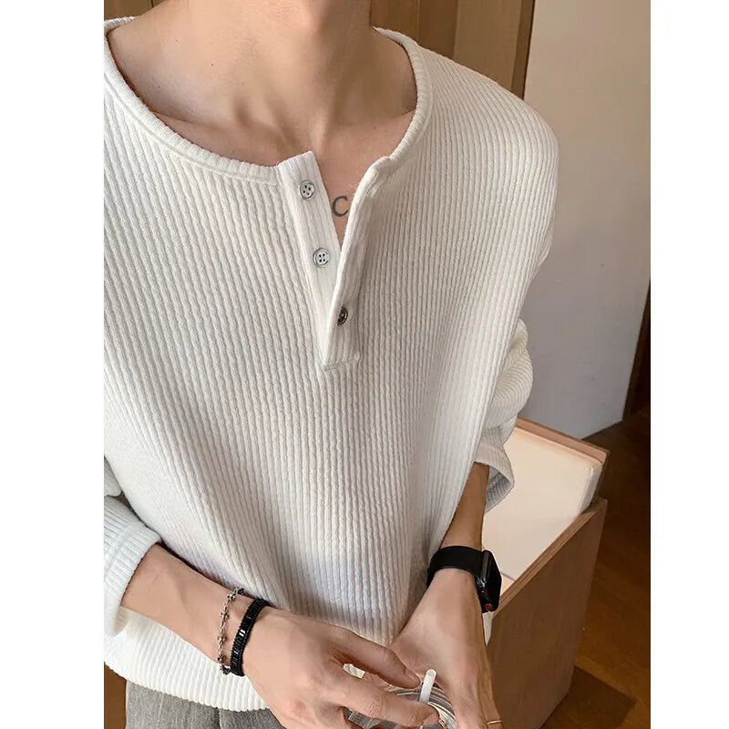 HEARUJOY  -  Spring Long Sleeved T-shirt Men Fashion Button White Casual T Shirt Men Streetwear Korean Loose Pleated T Shirt Mens Top M-2XL