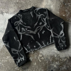 Hearujoy Y2K Gothic Sweater Vintage Abrased Abstract Embroidery Graphic Long Sleeve Pullover Punk Distress Oversize Casual Men Streetwear