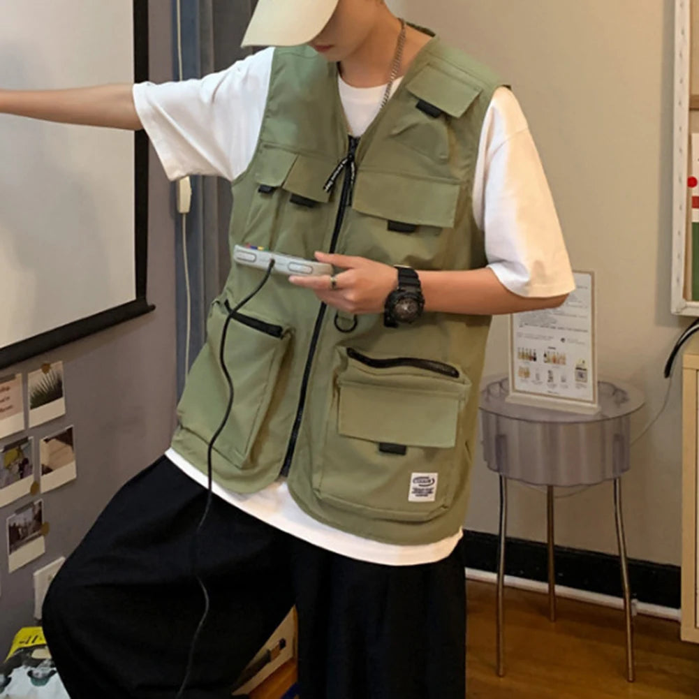 HEARUJOY  -  Beach Holiday Green Men Cargo Vest Multi-pocket Sleeveless Vest Loose Fit Waistcoat Good For Vacation Polyester Fabric