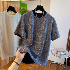 Hearujoy New Loose-fit European Style Bright Sequin Short Sleeve Men's T-shirt Niche Unique Design Sensibility Cool Top