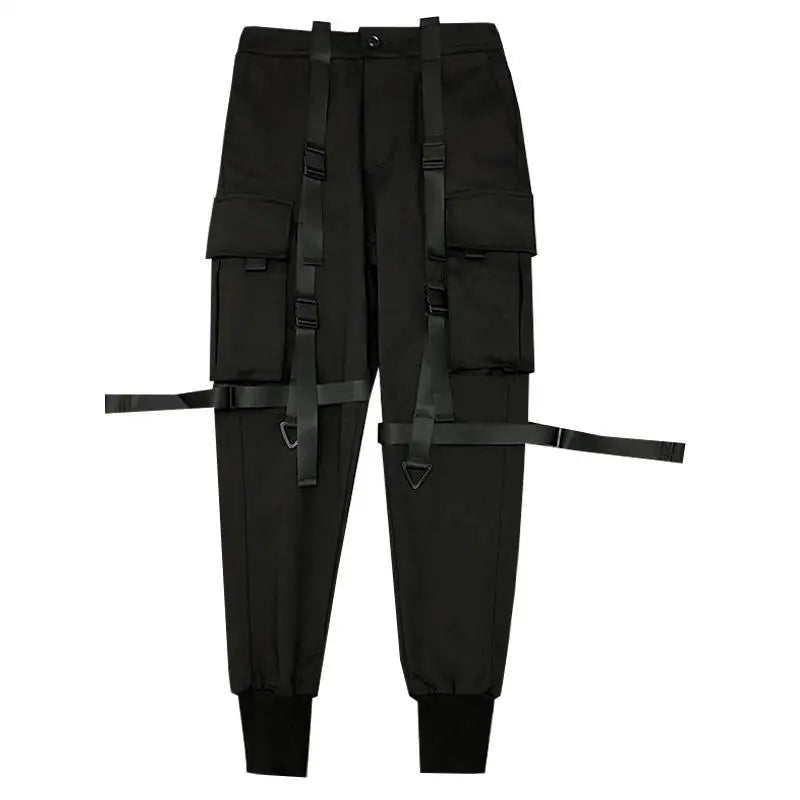 Hearujoy Techwear Black Cargo Pants for Men Cargo Trousers Male Japanese Streetwear Hip Hop Spring Ribbon Pocket Harajuku Fashion