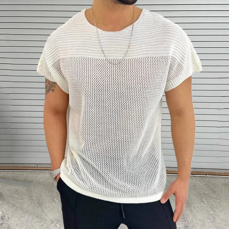 HEARUJOY  -  Summer Thin Hollow Out Knitted T Shirt For Men Round Neck Short Sleeved Pullover Top Fashion Casual Knitwear T-shirts Streetwear