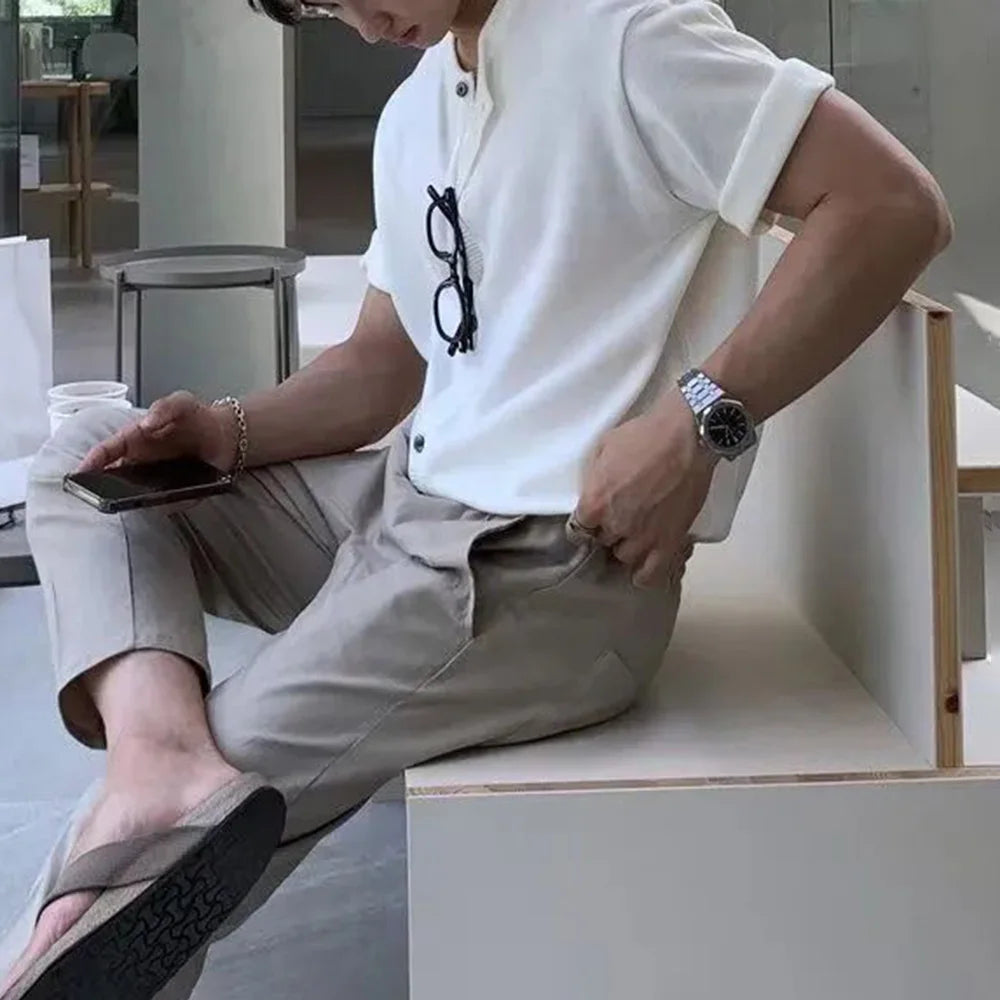 HEARUJOY  -  Mens Shirt Knitted Casual Shirt Summer Daily Solid Color Simple Versatile Soft Comfortable Short-Sleeve Top Men'S Clothing