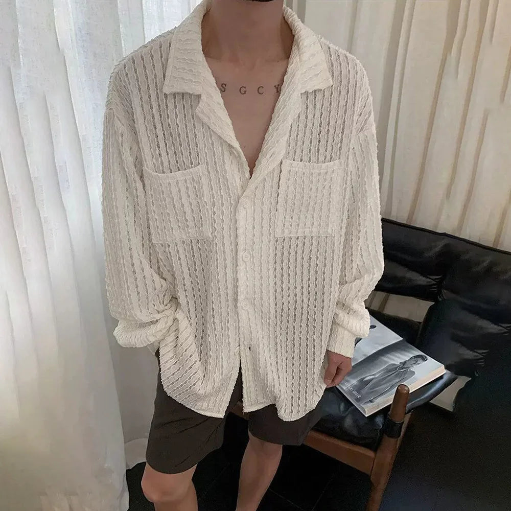 HEARUJOY  -  Mens Shirts Hollow Knitted Casual Shirts Spring Streetwear Fashion Thin Sexy Ballroom Long-Sleeved Tops Men'S Clothing 2025 New