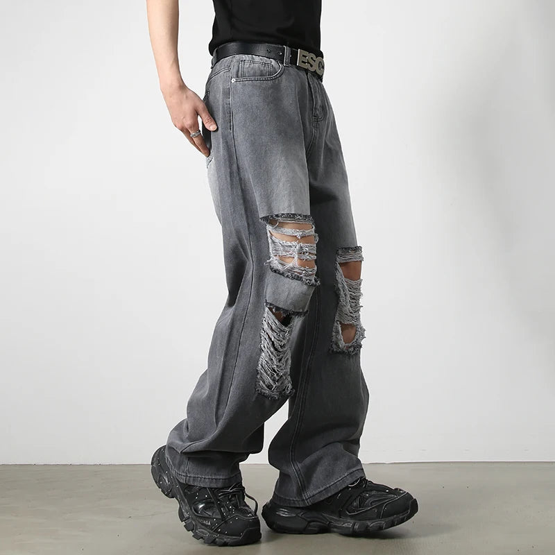 Hearujoy Harajuku Ripped Jeans Men Wide Leg Pants Oversize Hip Hop Darkwear Denim Trousers Male Casual Japanese Streetwear Hole