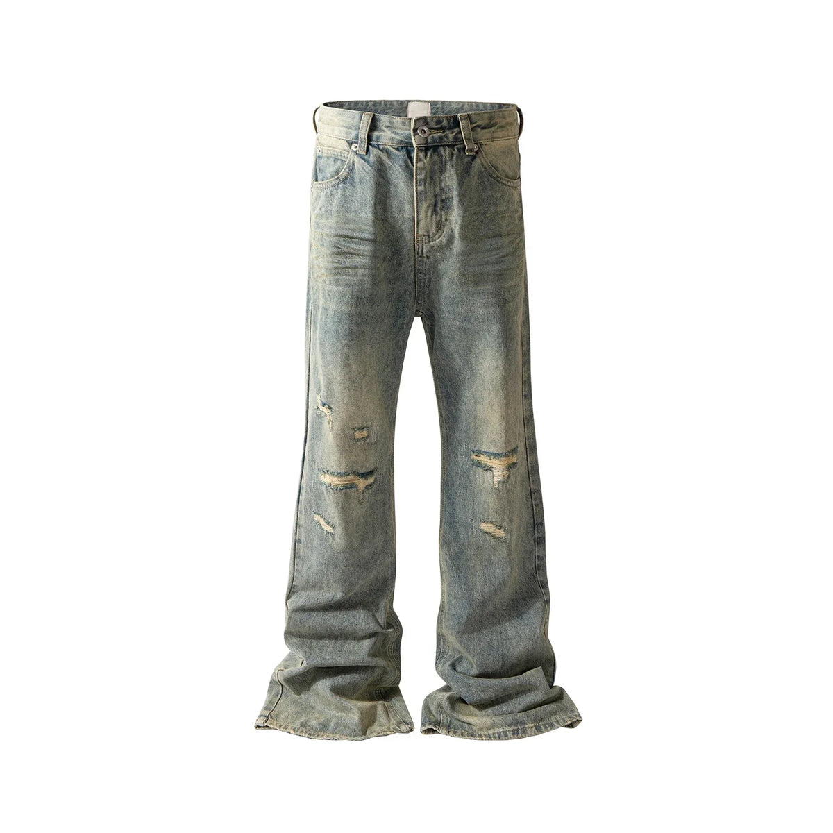 Hearujoy Vintage Streetwear Hole Washed Distressed Baggy Flare Jeans for Men and Women Straight Wrath Damaged Boot Cut Denim Trousers