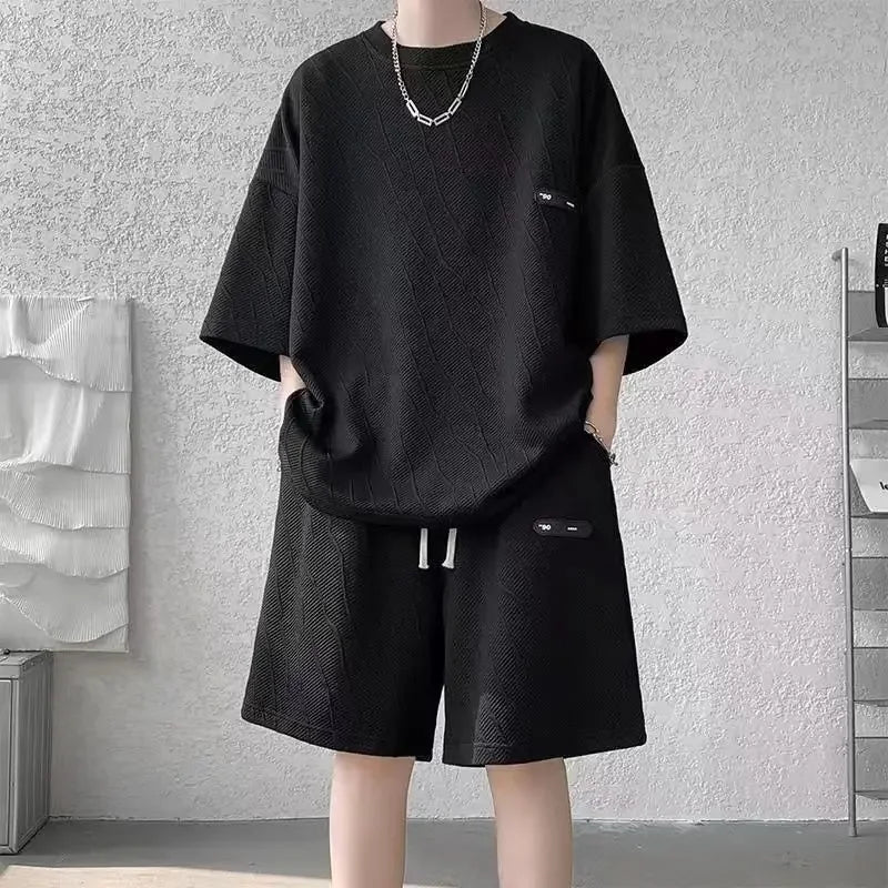 HEARUJOY  -  Jacquard Man Sets Tracksuit Sweatsuit Sweatshirts Original Brands Essential Polyester Slim Fit Tee T-shirts Shorts Suits for Men
