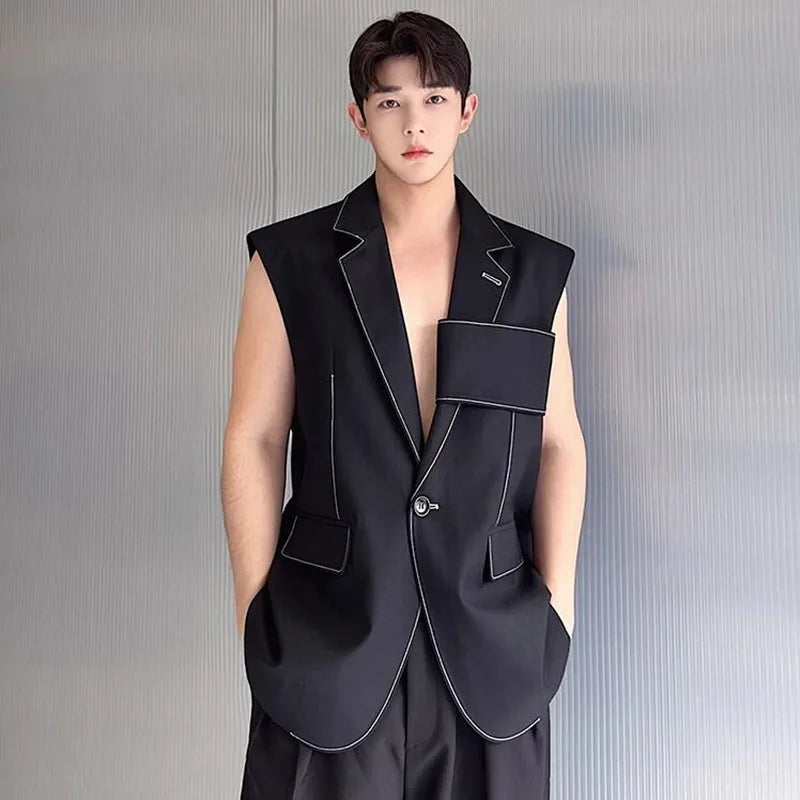 Hearujoy Personality Korean Fashion Design Long Suit Vest Mens Casual Long Suit Waistcoat Chic Style Sleeveless Jacket Gilet Homme