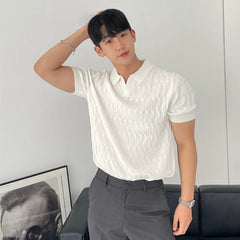 HEARUJOY  -  Summer Clothing Men's Light Luxury Knitted Jacquard Polo Shirt V-Neck Solid Color Short-sleeved Korean Popular Leisure Knitwear