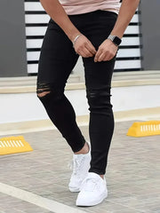 HEARUJOY  -  Men's Slim-Fit Ripped Jeans - Stylish Black Distressed Denim with Raw Hem, Comfortable & Versatile for All Seasons, Casual Stree