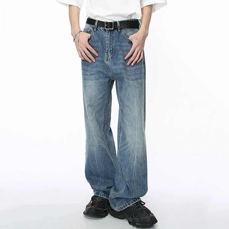 Hearujoy Washed Male Jeans Korean Fashion Gradient Color Pockets Men's Straight Denim Trousers Wide Leg Pants Spring Chic 9C4278