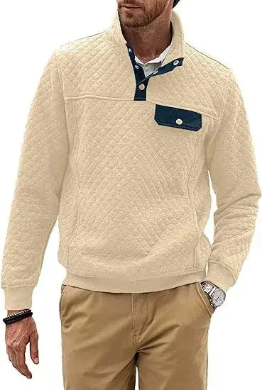HEARUJOY  -  Men's Spring and Fall Quilted Sweatshirt Casual Long Sleeve Outdoor Stand Collar Button Pullover Sweatshirt