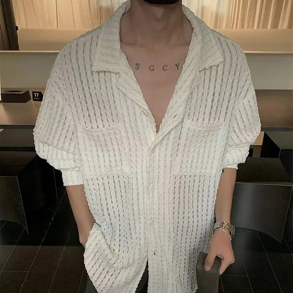 HEARUJOY  -  Mens Shirts Hollow Knitted Casual Shirts Spring Streetwear Fashion Thin Sexy Ballroom Long-Sleeved Tops Men'S Clothing 2025 New