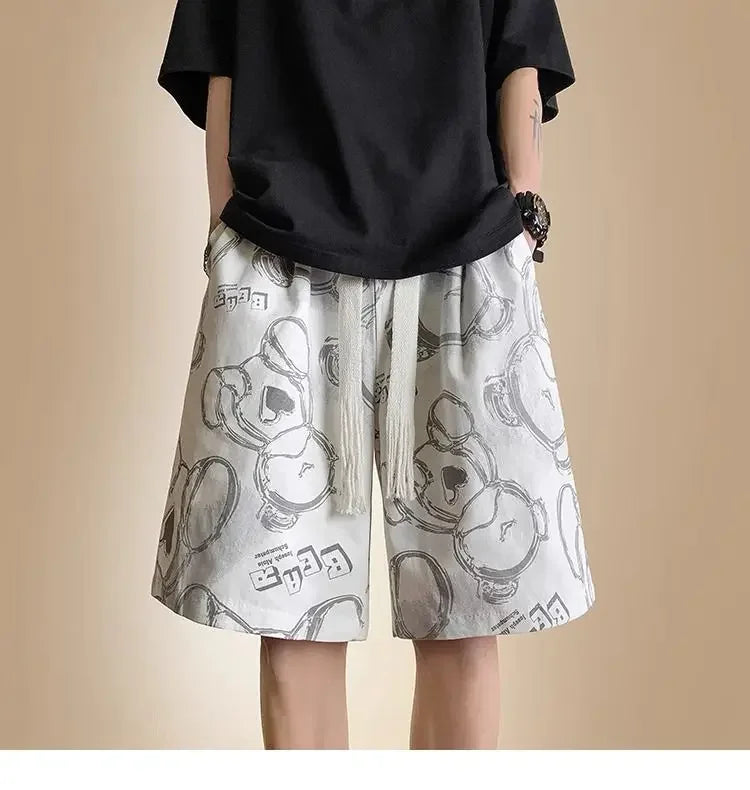 HEARUJOY  -  Men's New Spliced print Five-point Loose Drawstring Design Bear Print Shorts