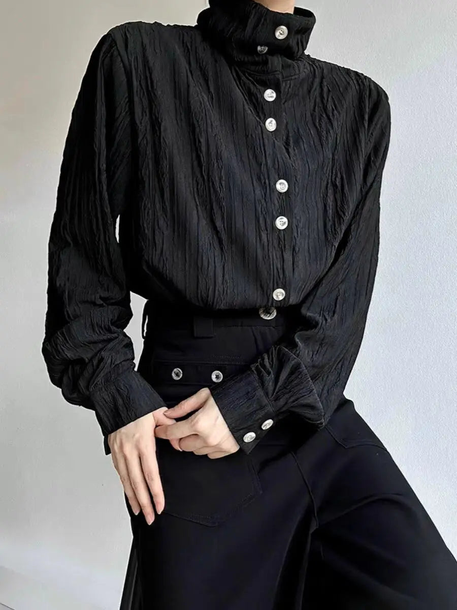 HEARUJOY  -  Wrinkle Texture Sensation Shirts For Men Stand Collar Long Sleeve Loose Top Spring Autumn Vintage French Fashion Casual Shirt