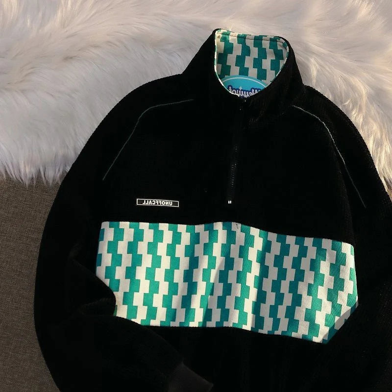 HEARUJOY  -  Spring Autumn Patchwork Fashion Plaid Y2K Sweatshirts Man Half Zip Harajuku Pullover Tops Oversized Chic Streetwear Male Clothes
