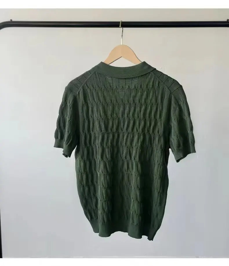 HEARUJOY  -  Summer Clothing Men's Light Luxury Knitted Jacquard Polo Shirt V-Neck Solid Color Short-sleeved Korean Popular Leisure Knitwear
