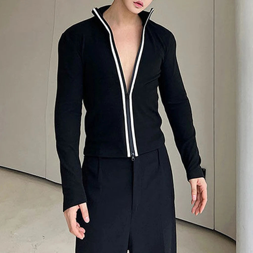 HEARUJOY  -  Men T-Shirt Slim Fit Contrast Color Two-Way Zipper T-Shirt Streetwear Personality Fashion Casual Long-Sleeve Tops Men'S Clothing