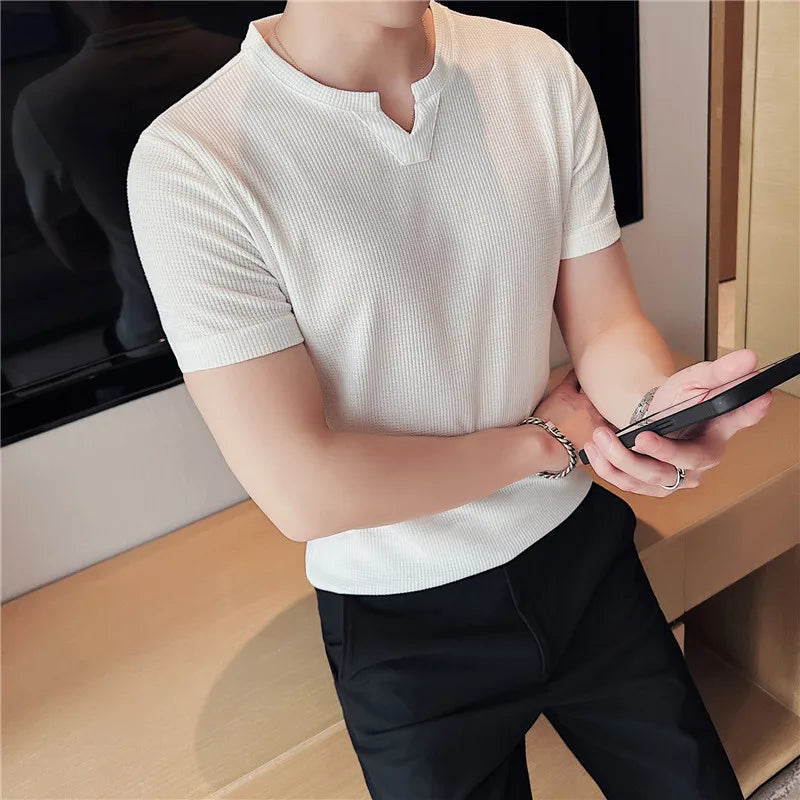 HEARUJOY  -  Men's Waffle Knit T-Shirt Short Sleeve - Premium Breathable Ice Silk Slim Fit Tee, Lightweight Casual Top, Coffee