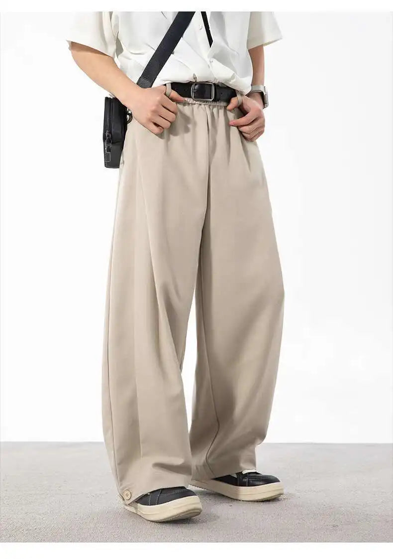 HEARUJOY  -  Korean Style Men's Suit Pants Solid Color Pleated Design Botton Drawstring Simple Elastic Waist Summer Male Trousers