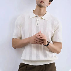 HEARUJOY  -  Men's Solid Color Striped Knitted Short-Sleeved Polo Shirt Retro Fashion Trend Casual Simple Loose Breathable Summer Men's Tops