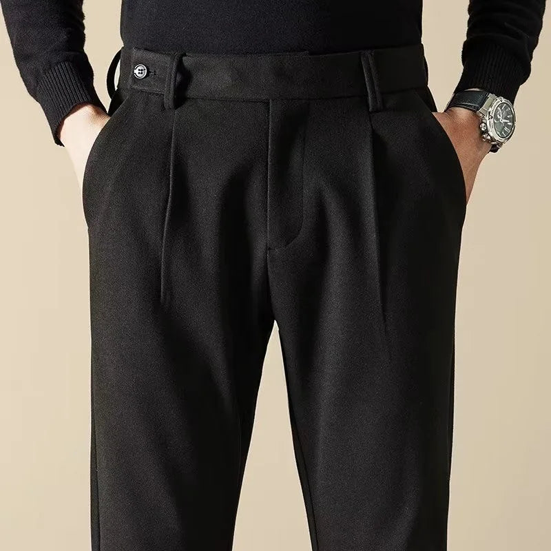 HEARUJOY  -  Korean Fashion Woolen Suit Pant Men Waist Button Straight Trouser Autumn Winter Business Casual Loose Light Mature Style Pants