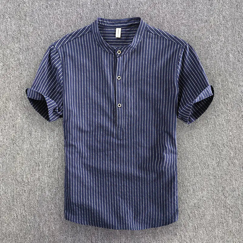 HEARUJOY  -  Men's Casual Cotton Shirt Short Sleeve Blouse Tops Summer Botton Pinstripe Holiday Shirt Comfortable Handsome Men Henley Shirt