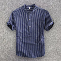 HEARUJOY  -  Men's Casual Cotton Shirt Short Sleeve Blouse Tops Summer Botton Pinstripe Holiday Shirt Comfortable Handsome Men Henley Shirt