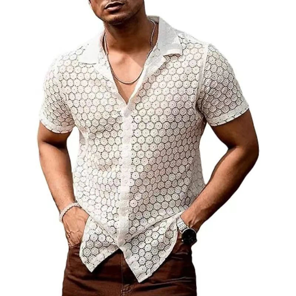 HEARUJOY  -  Tops Shirt Lace Men Outer Lapel Tops S-2XL Short-Sleeve Shirt Simple White Embroidery Hollow Out Mesh Brand New