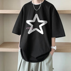 Hearujoy Little Star Printed Men's T Shirt Summer Fashion Casual Short Sleeve Tee Tops Mens Cotton Linen Oversized Hip-Hop T-shirt 5XL