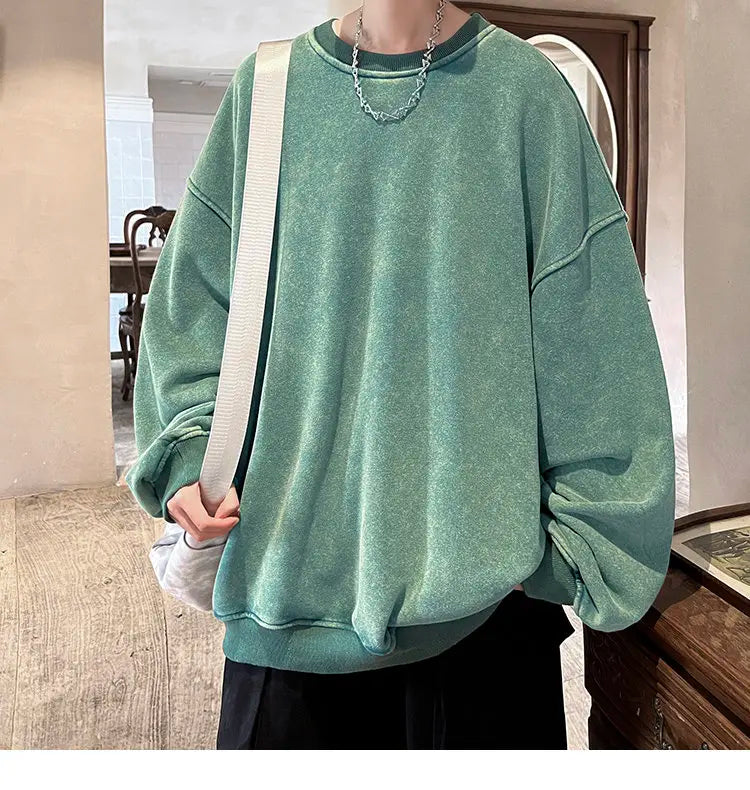 HEARUJOY  -  American Washed Old Pullovers Sweatshirts Men Loose Solid Color 2025 Autumn Large Size Warm O Neck Tops Hip Hop Y2k Sweatshirt