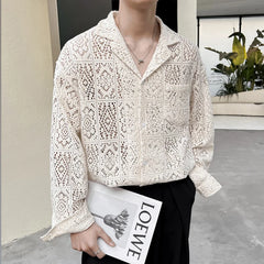 HEARUJOY  -  New Chic Men Hollow Out Cardigan Tops Light Luxury Korean Style Long Sleeve Shirts Casual Retro Solid Color Button-down Blouse