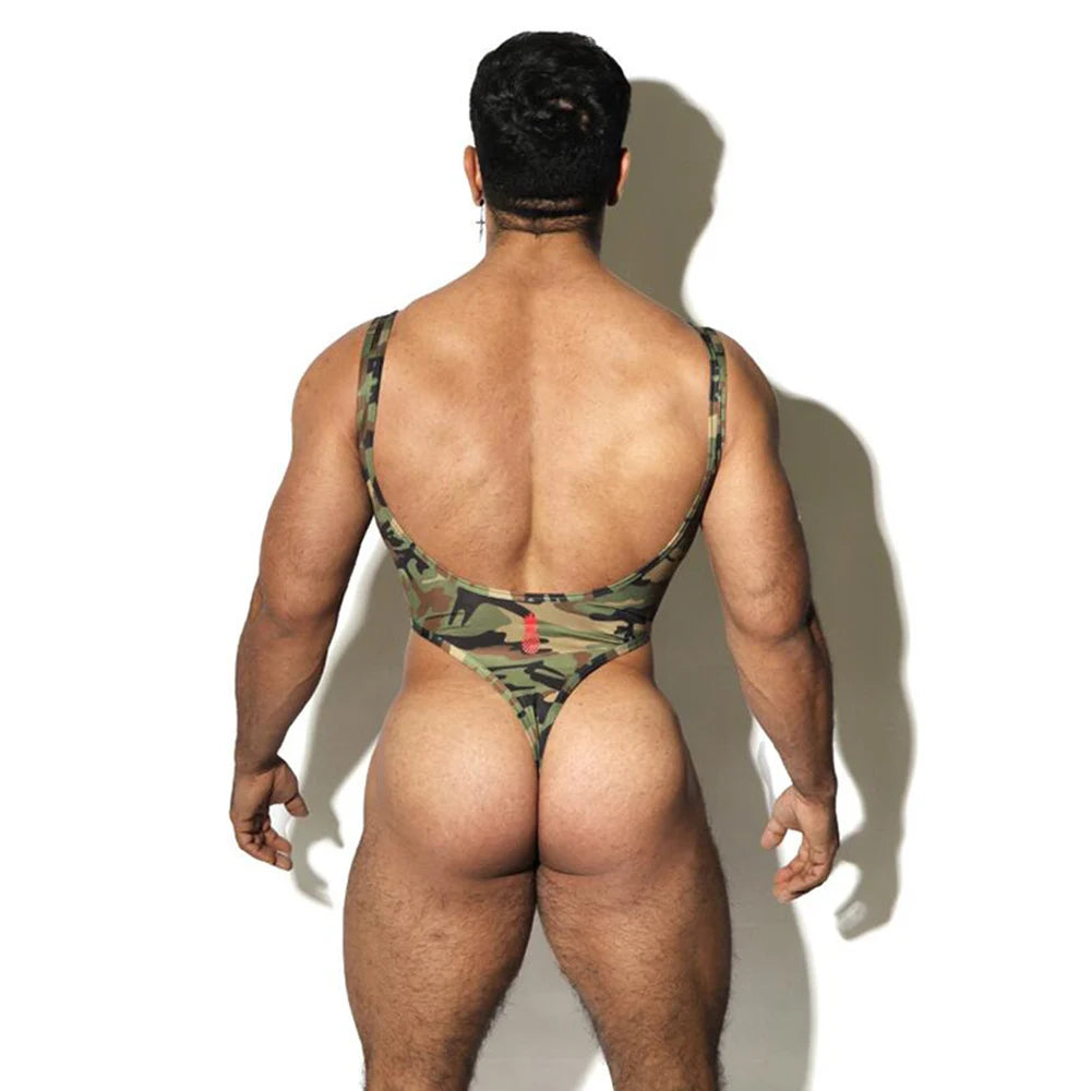 Hearujoy Men's Sexy Jumpsuit New Solid Stretch One-Piece Underwear Camouflage Bodysuit Shaper Vest Wrestling Singlet Open Butt Rompers