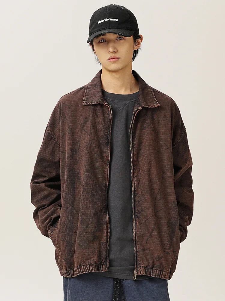 HEARUJOY  -  American High-Street Washed Camo Jacket Vintage Military Overshirt with Notch Collar Distressed Streetwear Coat for Men