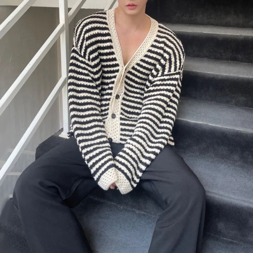 Hearujoy Mens Black White Striped Hollow Casual Thin Knitted Tops Genderless Fashionable Comfortable Cardigan Long Sleeve Shirt Unisex