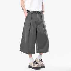 HEARUJOY  -  Korean Style Men Casual Shorts Solid Color Pleated Design Metal Design Cropped Trousers Cleanfit Male Bottom Simple