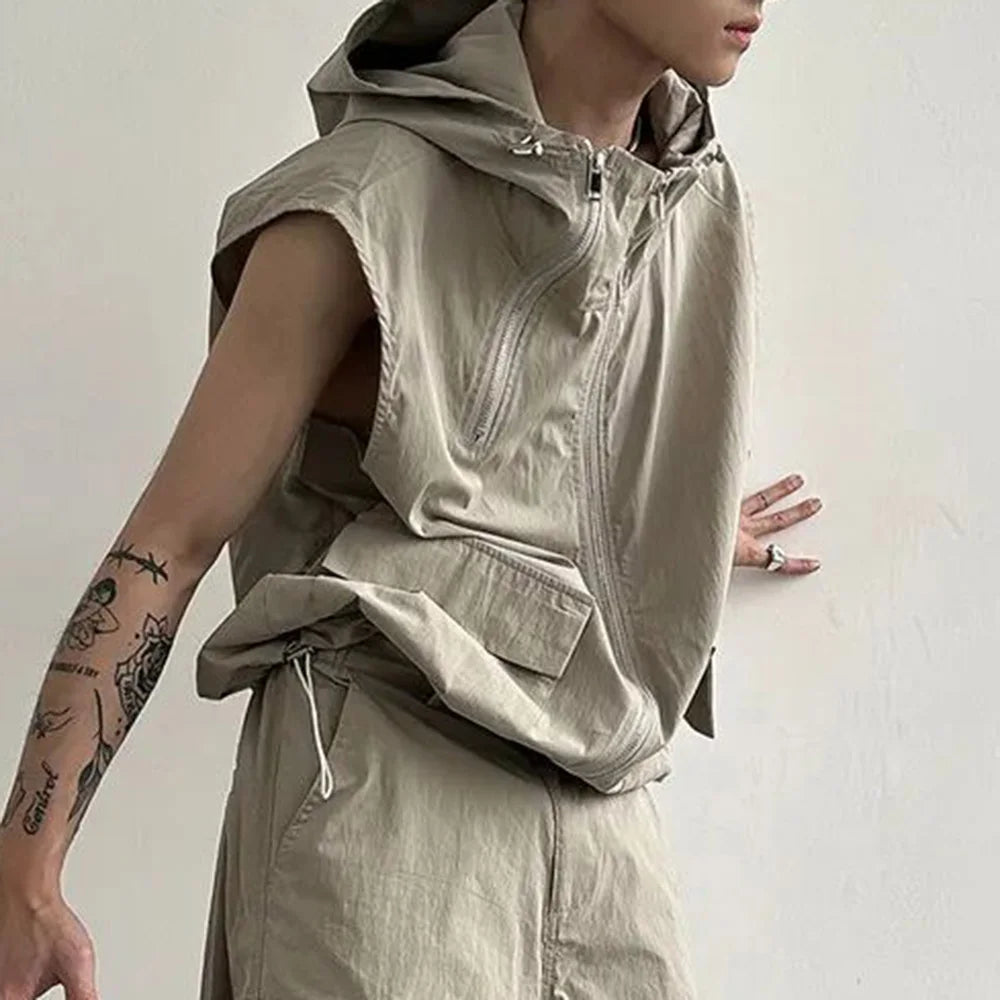 Hearujoy Men Cargo Vest Hooded Summer Japanese Zipper Design Sleeveless Tops Male Korean Streetwear Hip Hop Unisex Plus Size Waistcoat