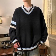 HEARUJOY  -  Preppy V-neck Sweater for Men Couples Pullovers Ins Knitted Top Autumn Korean Trendy Loose-fit Line Clothes for Students Youth