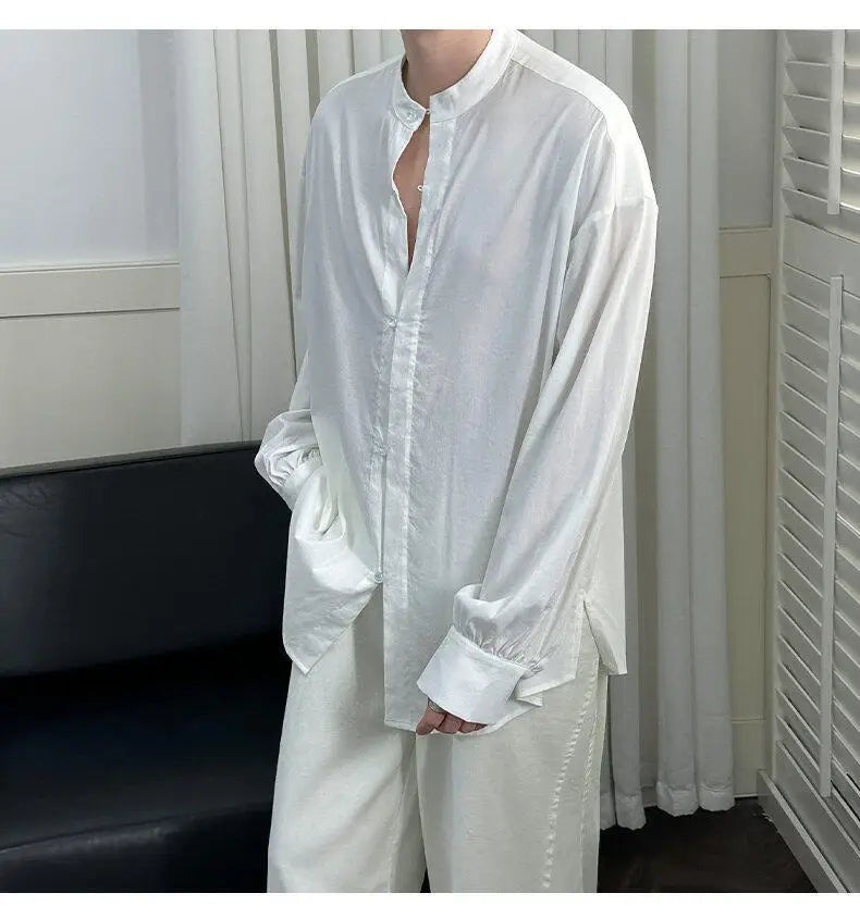 HEARUJOY  -  Korean Style Men's Casual Shirts Stand Collar Solid Color Single Breasted Loose Long Sleeved Male Tops New Summer