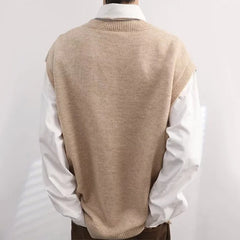 HEARUJOY  -  Men Knitted Sweater Vest Solid Color Autumn Winter Sleeveless V-neck Pullovers Male Casual Loose Waistcoat Korean Style Knitwear
