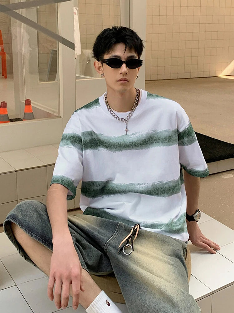 HEARUJOY  -  250G Cotton Summer T-shirts Men Korean Fashion Irregular Stripes Basic Tees Y2K Tops Short Sleeve Oversized T Shirts