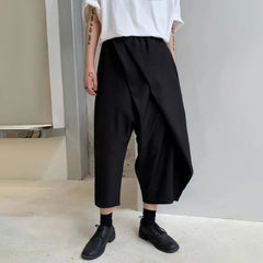 Hearujoy Men Double-Layer Irregular Pleated Wide-Leg Pants 2024 New Genderless Dark Style Retro Loose Solid Color Nine-Point Pants Unisex