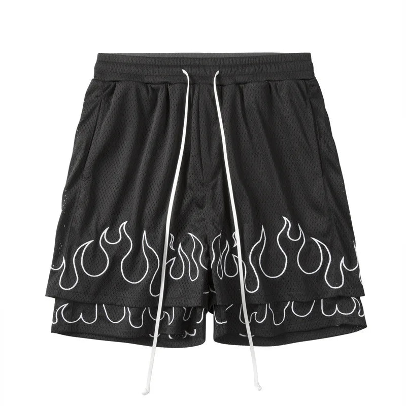 Hearujoy European and American Street Trendy Flame Embroidery Oversize Shorts Mesh Double Layer Breathable Joggers Shorts Beach Pants