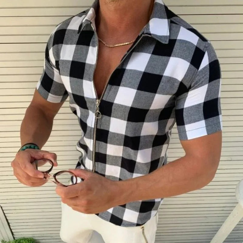 HEARUJOY  -  Fashion Plaid Printed Shirts For Men Slim Fit Short Sleeved Zipper Cardigan Top Summer Leisure Tshirt Streetwear Mens Clothing