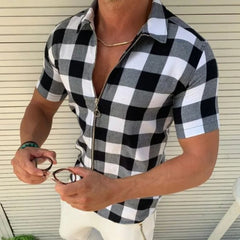 HEARUJOY  -  Fashion Plaid Printed Shirts For Men Slim Fit Short Sleeved Zipper Cardigan Top Summer Leisure Tshirt Streetwear Mens Clothing