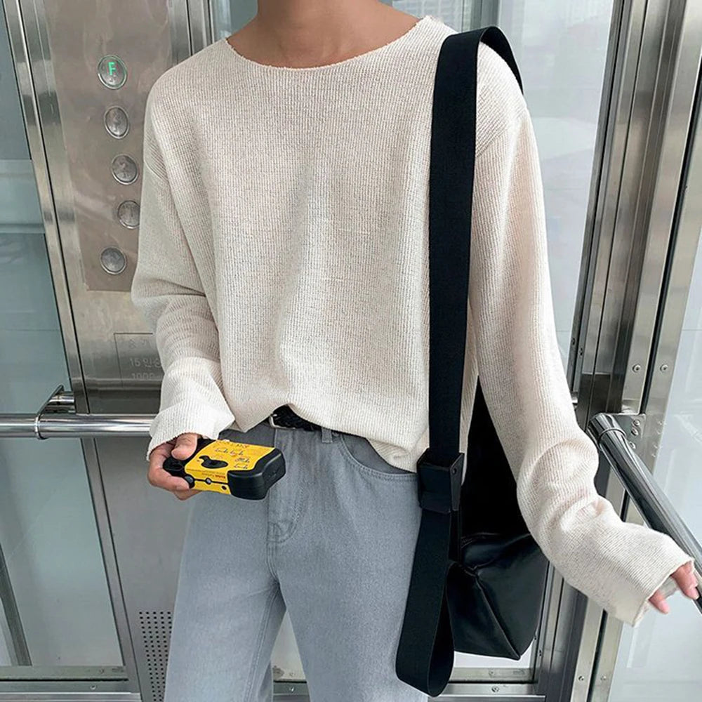 Hearujoy Mens Casual Knitted Long-Sleeved Tops Genderless 2024 New Fashion Individuality Solid Color Simple Thin Comfort T-Shirt Unisex