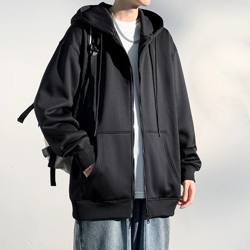 HEARUJOY  -  Spring Autumn Men's Zipper Hoodies Streetwear Casual Jacket Male Solid Color Loose Sweatshirts Simple Hooded Coats
