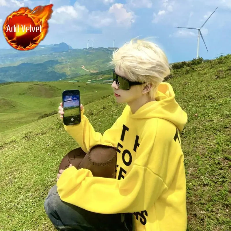 HEARUJOY  -  Male Hoodie Yellow Designer Clothing Deals 90s Vintage Cheap Cotton Novelty and No Brand New in Men's Hooded Sweatshirt Letters