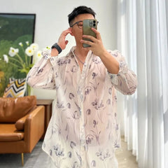 Hearujoy Men's Sexy Mesh Shirt See-through Floral Shirts Spring Summer New Long-sleeved Blouse Trend Fashion Home LGBT Casual Clothing