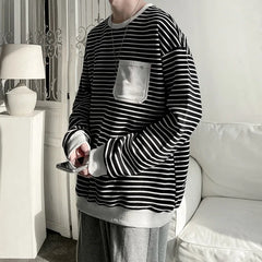 HEARUJOY  -  Loose round Neck T-Shirt Men's Casual Stripe White Fashionable Korean Style Autumn Top for Men Comfortable Sweatshirt